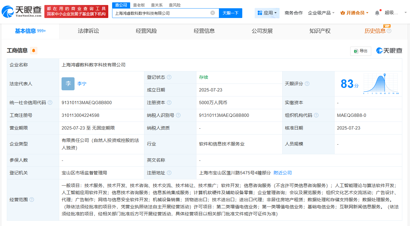 鴻博股份上海布局人工智能新篇章 鴻睿數(shù)科正式成立，注冊資本5000萬聚焦AI算法軟件開發(fā)